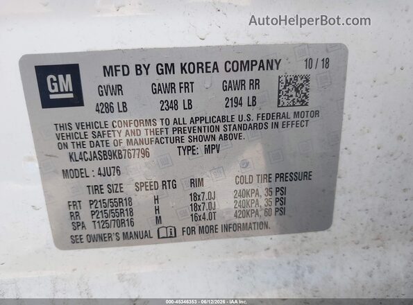 KL4CJASB9KB767796 2019 BUICK ENCORE White Շարժիչի բաժամունքի տեսք