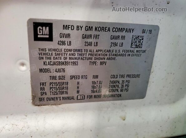 KL4CJASB9KB911993 2019 BUICK ENCORE White Widok wnętrza 360 stopni