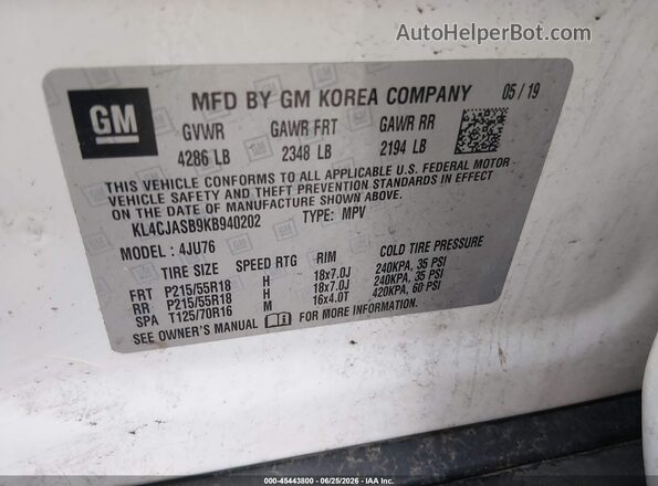 KL4CJASB9KB940202 2019 BUICK ENCORE White Вид підкапотного простору