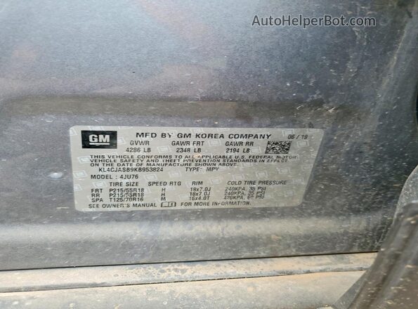KL4CJASB9KB953824 2019 BUICK ENCORE Silver VIN sticker view