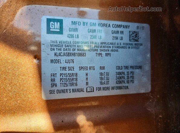 KL4CJASBXHB108683 2017 BUICK ENCORE Коричневый Вид наклейки с VIN-кодом