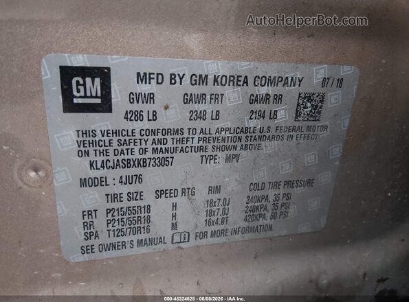 KL4CJASBXKB733057 2019 BUICK ENCORE Beige Engine compartment view