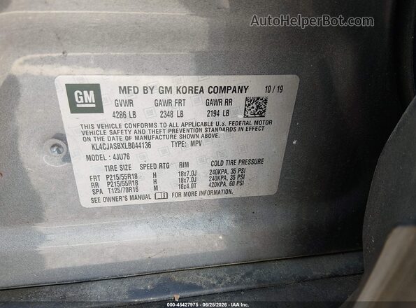 KL4CJASBXLB044136 2020 BUICK ENCORE Gray Vista del compartimento del motor
