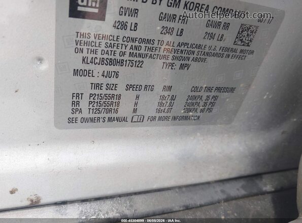 KL4CJBSB0HB175122 2017 BUICK ENCORE Silver Engine compartment view