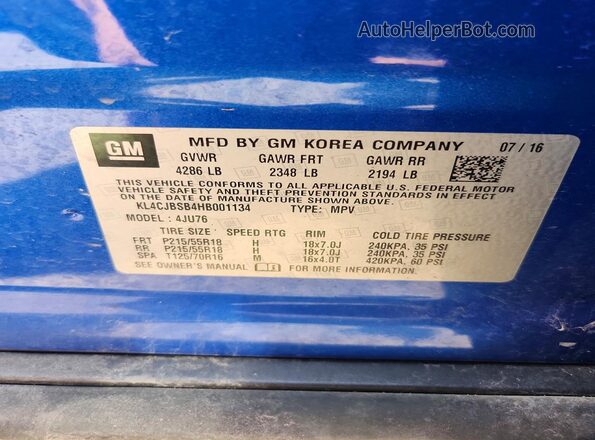 KL4CJBSB4HB001134 2017 BUICK ENCORE Blue 
