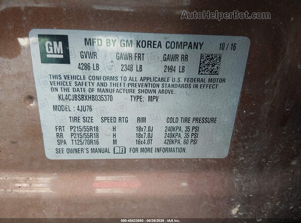 KL4CJBSBXHB035370 2017 BUICK ENCORE Brown Widok komory silnika