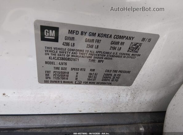 KL4CJCSB0GB531671 2016 BUICK ENCORE White Вид підкапотного простору
