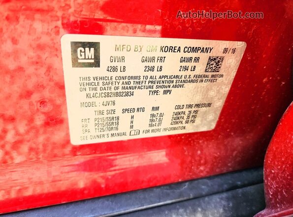 KL4CJCSB2HB023834 2017 BUICK ENCORE Красный Панорамный вид салона 360°