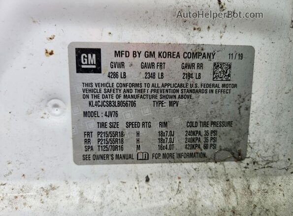 KL4CJCSB3LB056706 2020 BUICK ENCORE White VIN կոդի պիտակի տեսք