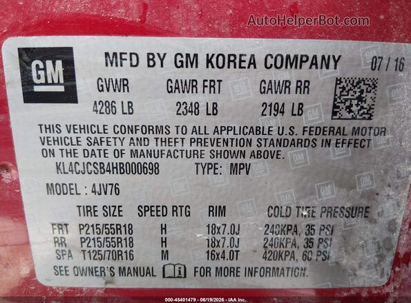 KL4CJCSB4HB000698 2017 BUICK ENCORE Red ძრავის განყოფილების ხედი