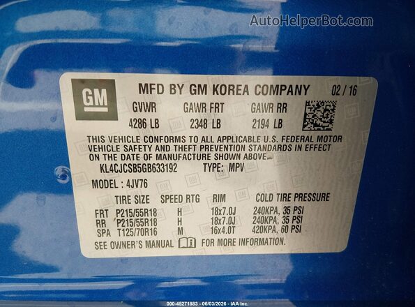 KL4CJCSB5GB633192 2016 BUICK ENCORE Blue Engine compartment view