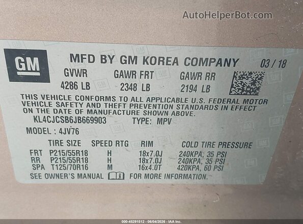 KL4CJCSB6JB669903 2018 BUICK ENCORE Gold Շարժիչի բաժամունքի տեսք