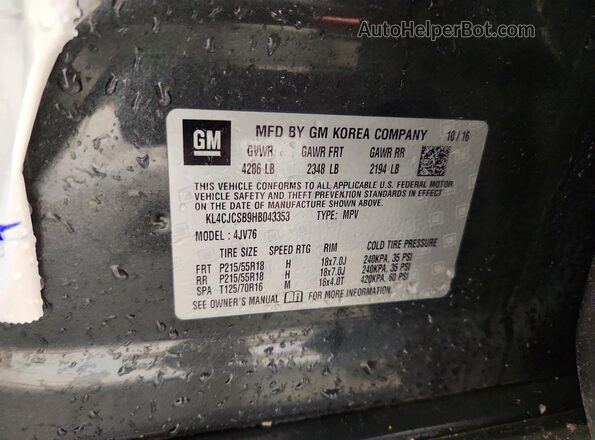KL4CJCSB9HB043353 2017 BUICK ENCORE Gray VIN կոդի պիտակի տեսք