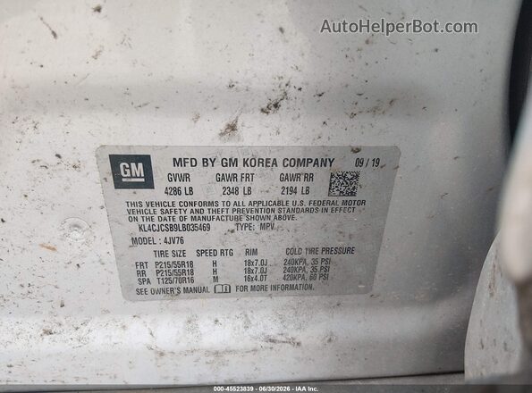 KL4CJCSB9LB035469 2020 BUICK ENCORE Silver Engine compartment view