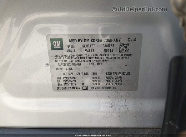 KL4CJCSBXHB004898 2017 BUICK ENCORE Silver Engine compartment view