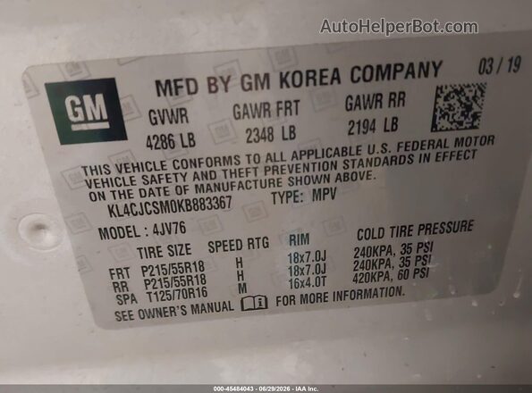 KL4CJCSM0KB883367 2019 BUICK ENCORE Серебряный Вид подкапотного пространства