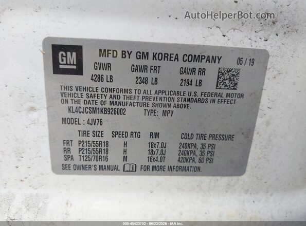 KL4CJCSM1KB926002 2019 BUICK ENCORE Белый Вид подкапотного пространства