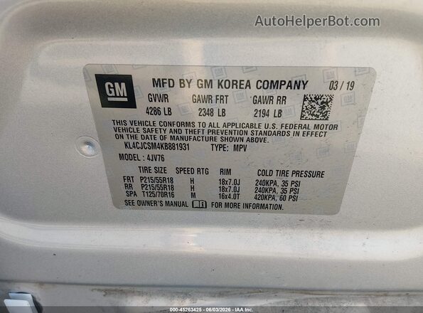 KL4CJCSM4KB881931 2019 BUICK ENCORE Серебряный Вид подкапотного пространства