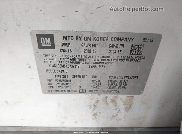 KL4CJCSM5KB737319 2019 BUICK ENCORE White Вид підкапотного простору