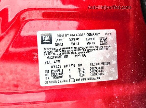 KL4CJCSM6JB713061 2018 BUICK ENCORE Красный Вид наклейки с VIN-кодом