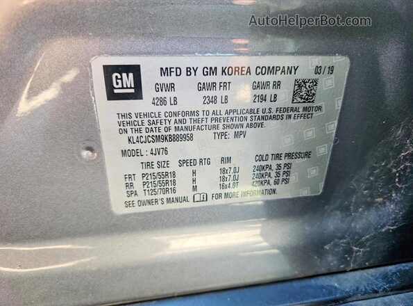 KL4CJCSM9KB889958 2019 BUICK ENCORE Gray Widok naklejki z numerem VIN