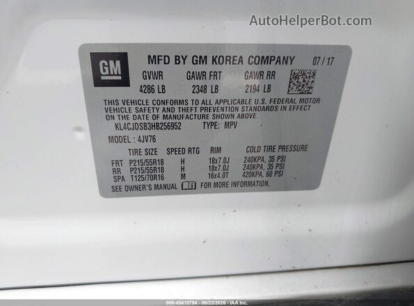 KL4CJDSB3HB256952 2017 BUICK ENCORE White Engine compartment view