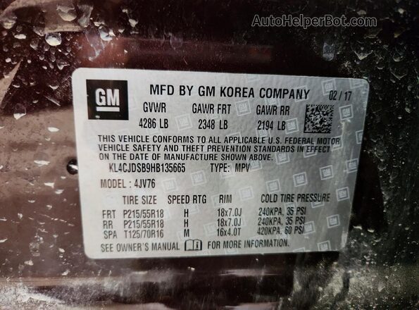KL4CJDSB9HB135665 2017 BUICK ENCORE Бордовый Вид наклейки с VIN-кодом