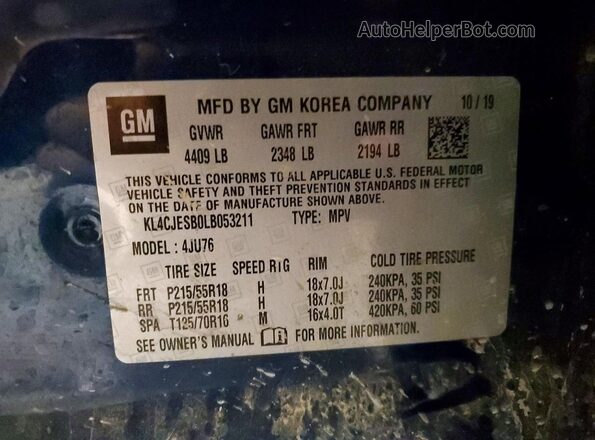 KL4CJESB0LB053211 2020 BUICK ENCORE Blue Widok wnętrza 360 stopni