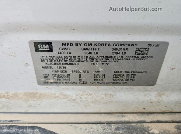 KL4CJESB1MB305002 2021 BUICK ENCORE White VIN კოდის სტიკერის ხედი