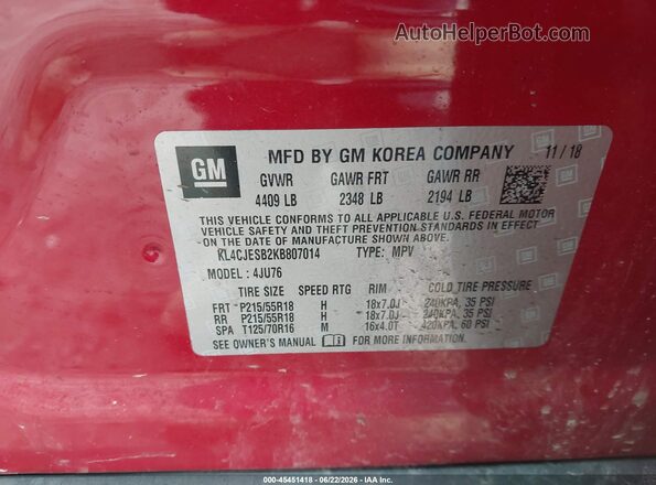 KL4CJESB2KB807014 2019 BUICK ENCORE Красный Вид подкапотного пространства