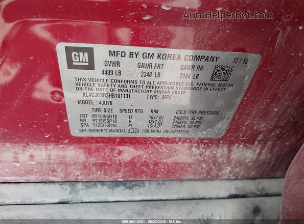 KL4CJESB3HB101131 2017 BUICK ENCORE Красный Вид подкапотного пространства