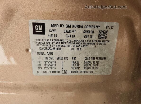 KL4CJESB3JB510915 2018 BUICK ENCORE Tan 360 interior view