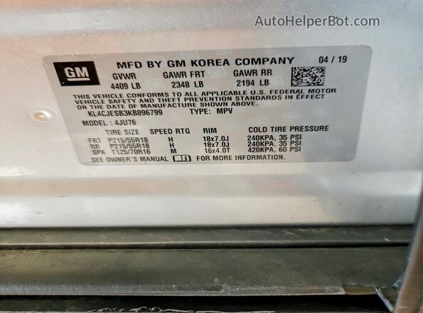KL4CJESB3KB896799 2019 BUICK ENCORE Серебряный Вид наклейки с VIN-кодом