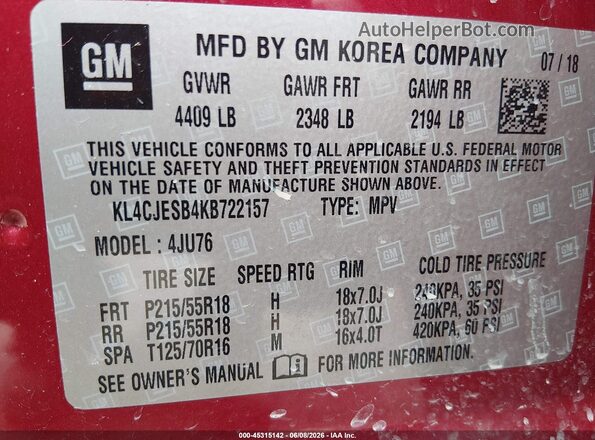 KL4CJESB4KB722157 2019 BUICK ENCORE Красный Вид подкапотного пространства