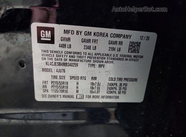 KL4CJESB4MB340259 2021 BUICK ENCORE Синий Вид наклейки с VIN-кодом