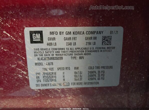 KL4CJESB4MB358289 2021 BUICK ENCORE Красный Вид подкапотного пространства