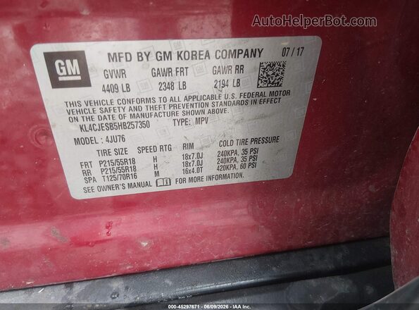 KL4CJESB5HB257350 2017 BUICK ENCORE Red ძრავის განყოფილების ხედი