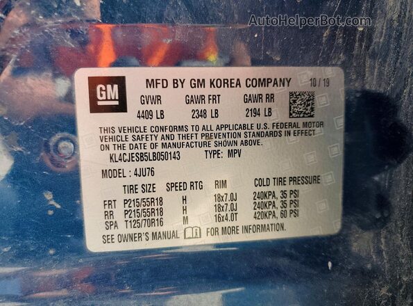 KL4CJESB5LB050143 2020 BUICK ENCORE Blue VIN sticker view