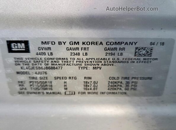 KL4CJESB6JB688477 2018 BUICK ENCORE Silver Widok naklejki z numerem VIN