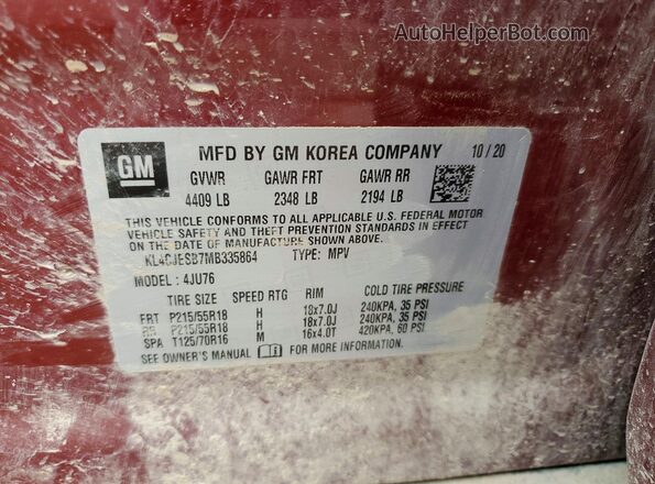 KL4CJESB7MB335864 2021 BUICK ENCORE Burgundy VIN კოდის სტიკერის ხედი