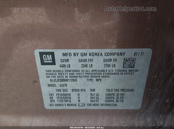 KL4CJESB9HB112845 2017 BUICK ENCORE Brown ძრავის განყოფილების ხედი