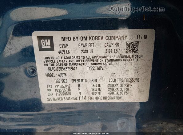 KL4CJESB9KB793547 2019 BUICK ENCORE Blue Вид підкапотного простору