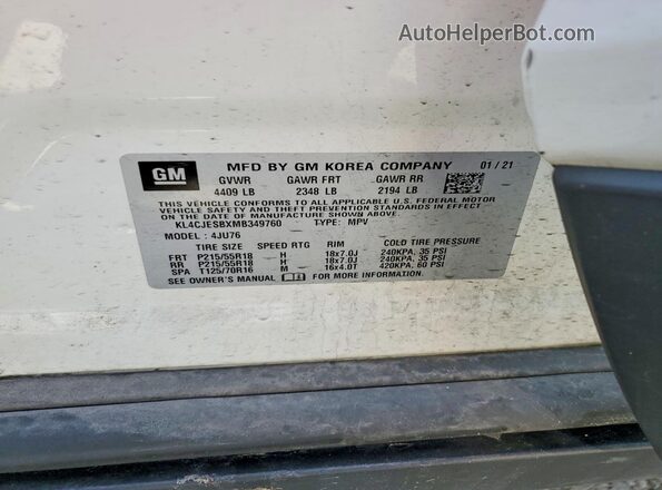 KL4CJESBXMB349760 2021 BUICK ENCORE White Widok naklejki z numerem VIN