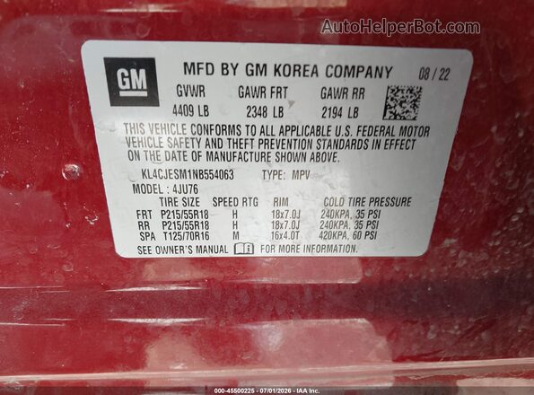 KL4CJESM1NB554063 2022 BUICK ENCORE Red Շարժիչի բաժամունքի տեսք