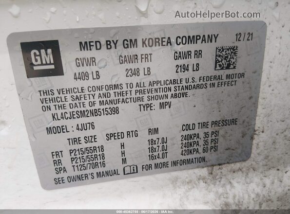 KL4CJESM2NB515398 2022 BUICK ENCORE White Շարժիչի բաժամունքի տեսք