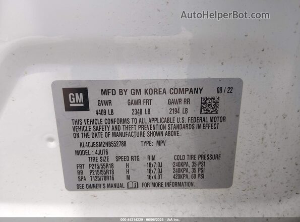 KL4CJESM2NB552788 2022 BUICK ENCORE White Vista del compartimento del motor