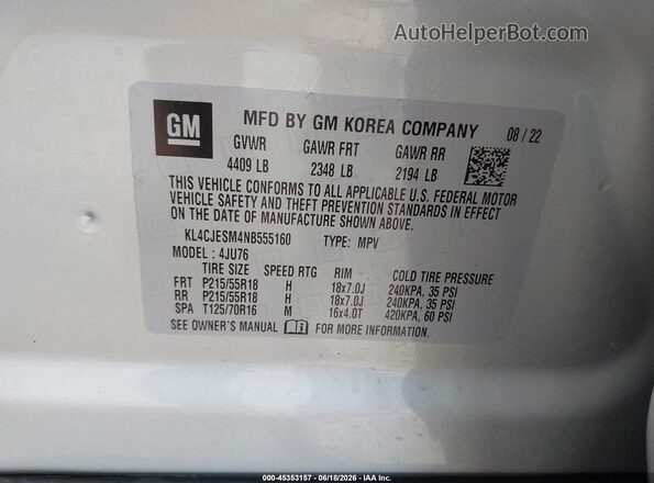 KL4CJESM4NB555160 2022 BUICK ENCORE Silver ძრავის განყოფილების ხედი