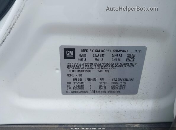 KL4CJESM8NB505880 2022 BUICK ENCORE White Շարժիչի բաժամունքի տեսք