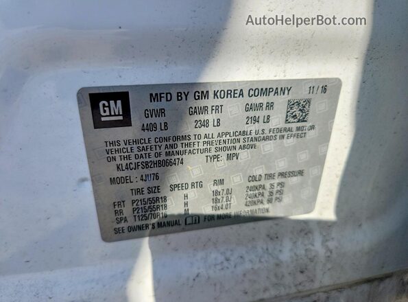 KL4CJFSB2HB066474 2017 BUICK ENCORE White VIN կոդի պիտակի տեսք