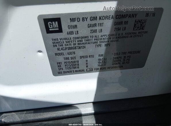 KL4CJFSB8GB736124 2016 BUICK ENCORE White Widok komory silnika